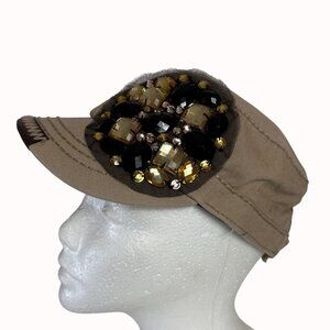 Olive Pique Rhinestone Military Cap Tan Brown Fashion Hat Embellished Adjustable